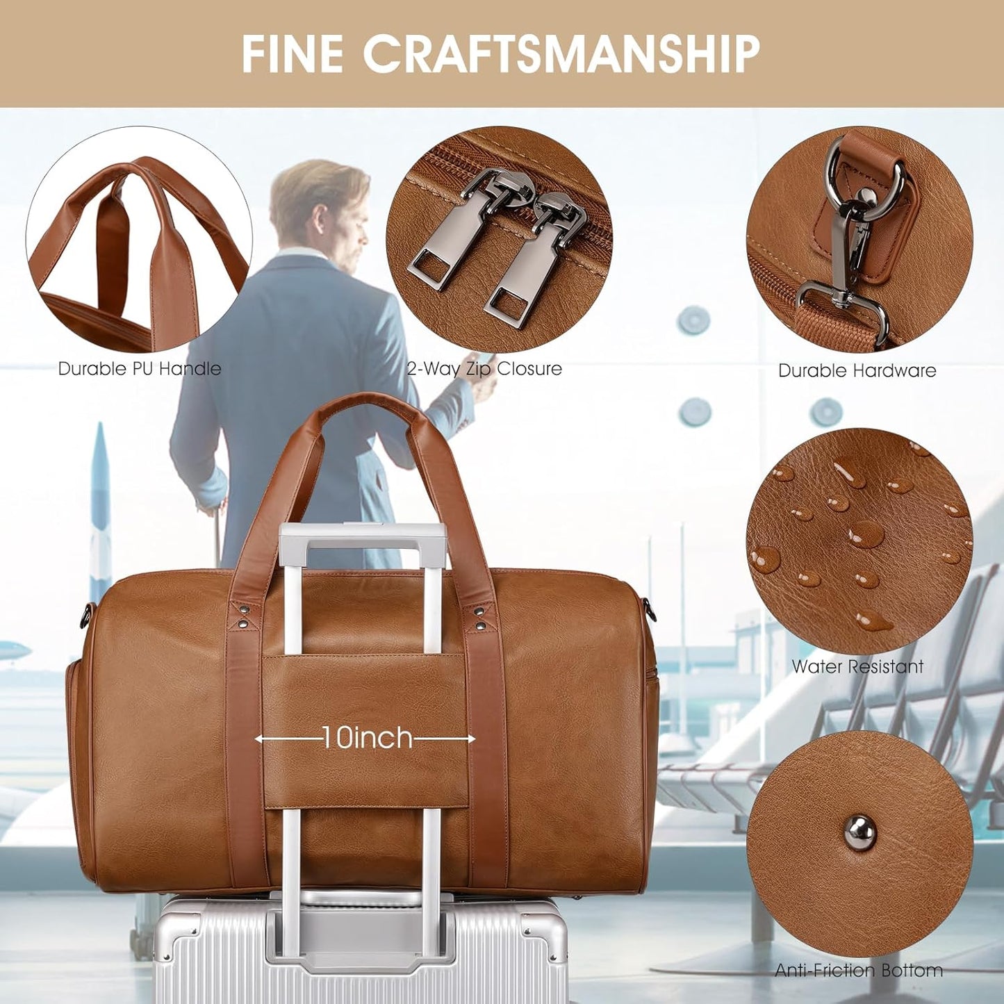 Wogarl 3PCS Leather Weekender Bag for Women Men Large Overnight Bag Travel Duffel Bag with Shoe Compartment Toiletry Packing Cube Carry On Bag Fit 21"" Laptop(Light Brown), YT042