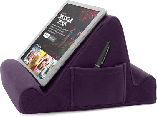 Brookstone, Memory Foam Lap Desk Tablet Holder, Holds Phones, iPads, E-Book Readers, 2 Viewing Angles, 2 Side Pockets for Accessories, Book Holder Cushion, Perfect Home, Car Travel Flights, Purple