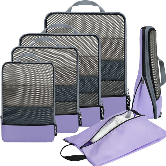 BAGAIL 4 Set/6 Set/8 Set Compression Packing Cubes Travel Accessories Expandable Packing Organizers (Half Mesh, 6-Lavender)