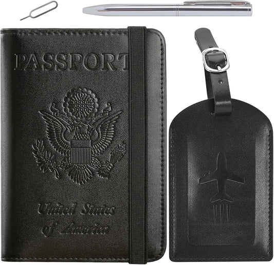 Passport Holder With Luggage Tag Travel Essentials Passport Cover Wallet RFID Blocking Leather Case International Must Haves Travel Accessories Women Men(115#Black)