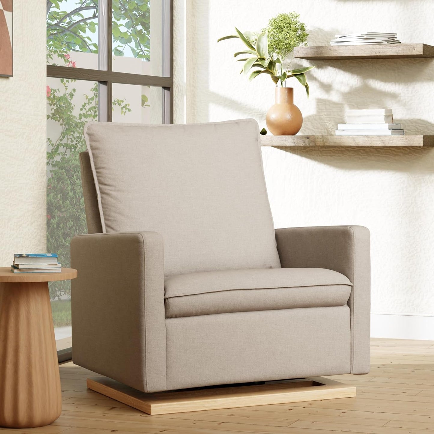 babyletto Cali Pillowback Chair and a Half Glider in Performance Beach Eco-Weave with Light Wood Base, Water Repellent & Stain Resistant, Greenguard Gold and CertiPUR-US Certified