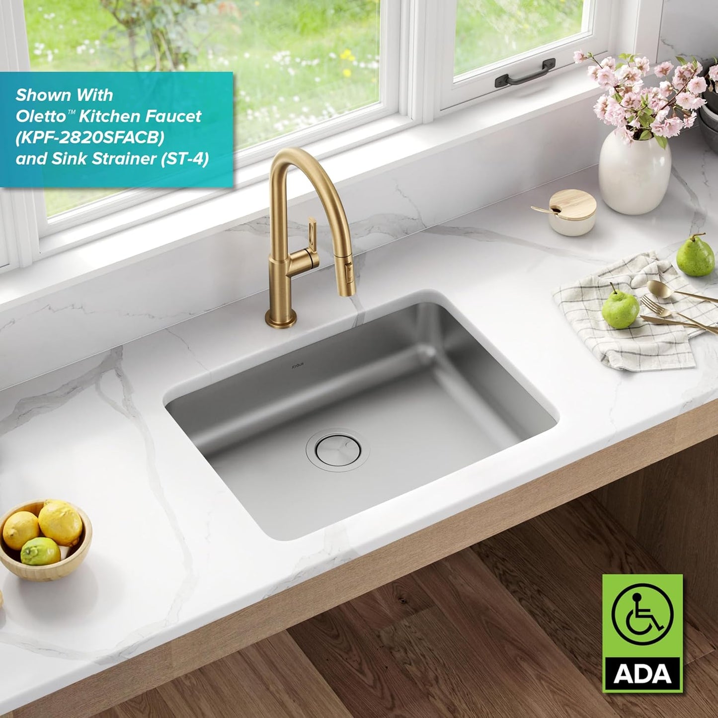 KRAUS Dex 25-inch Undermount 16 Gauge Stainless Steel Single Bowl ADA Kitchen Sink, KA1AS25B