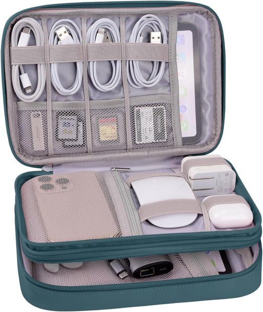 DDgro Electronics Travel Organizer Case for Cables/Cords/Chargers/Tech Essentials, Double Layers (Aqua Blue, PU-Large)