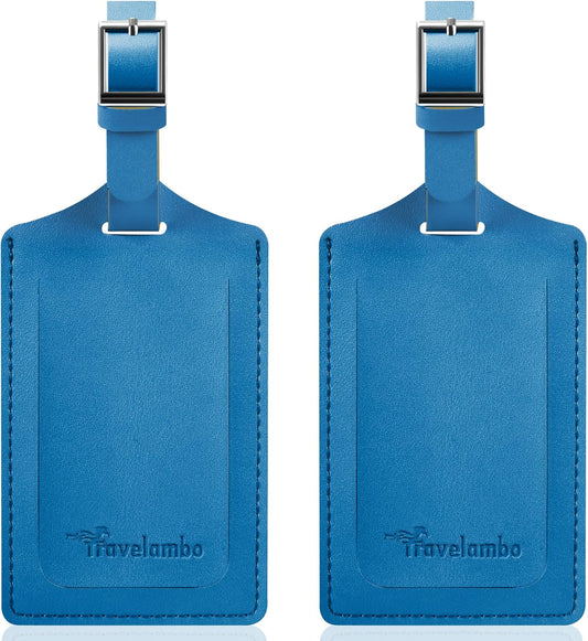 Travelambo Luggage Tags for Suitcases Faux Leather Privacy Protection 2 Pack Bag Tags Travel Accessories Essential, Steel Blue