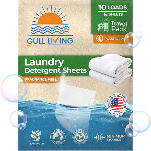 Gull Living Home Travel Laundry Detergent Sheets - 10 Loads Pack - Eco Laundry Detergent Sheets Unscented - Tackles Tough Stains - Travel Friendly