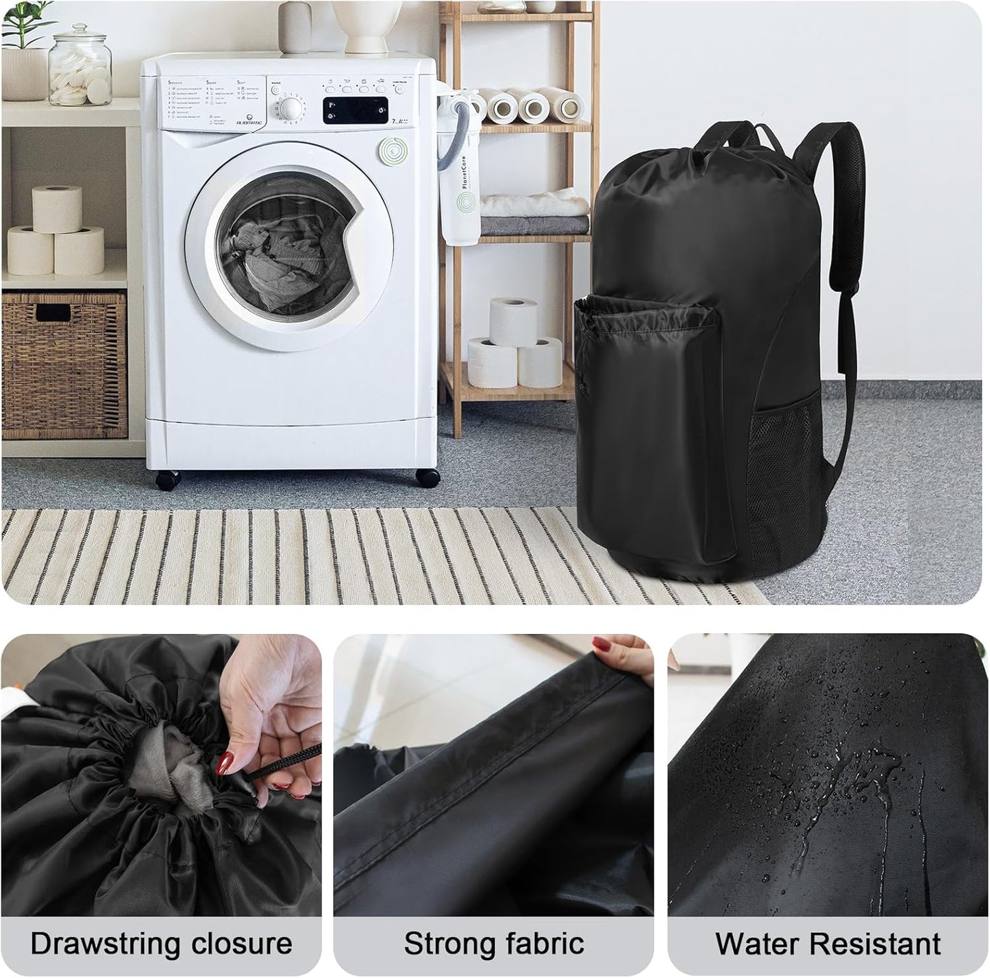 Polecasa Extra Heavy Duty Large Backpack Laundry Bag with Comfortable Padded Shoulder Straps & 4 Pockets, Sturdy & Durable Clothes Storage Bags, Hamper Drawstring bag for Dorm, College, Travel, Black
