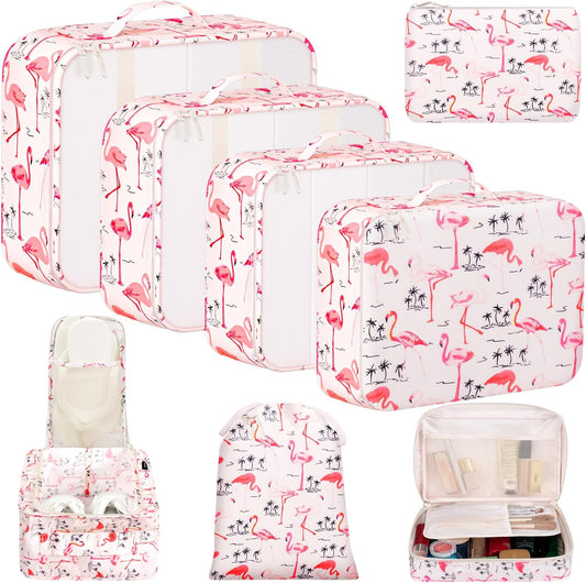 BAGAIL 8 Set Packing Cubes Luggage Packing Organizer Bags for Travel Accessories-Pink Flamingo