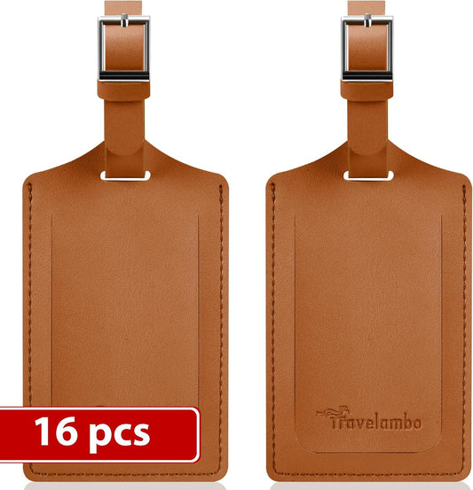 Travelambo Luggage Tags for Suitcases Faux Leather Privacy Protection 16 Pack Bag Tags Travel Accessories Essential, Yellowish Brown