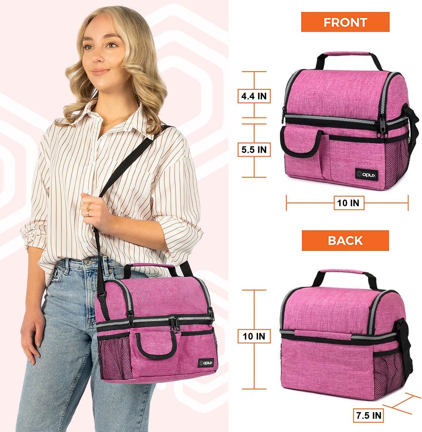 opux Lunch Bag Women Insulated, Adult Lunch Box Cooler, Lunch Box for Men, Dual Compartment Lunchbox for Work, Leakproof Double Decker Lunch Bag, Soft Lunch Pail Tote Girls Boys Kids School, Pink