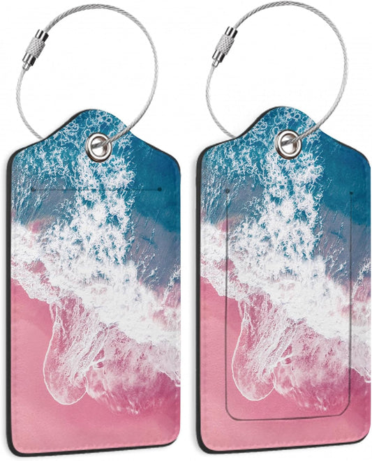 Luggage Tags for Suitcase,2 Pack Pink Beach Blue Ocean Luggage Tag PU Leather Privacy Cover ID Label with Stainless Steel Loop for Women Men Teens Travel