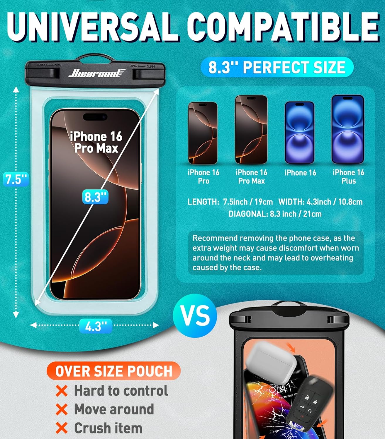 Hiearcool Waterproof Phone Pouch, Waterproof Phone Case, IPX8 Cellphone Dry Bag Compatible for iPhone 16 15 14 13 Pro Max Plus Cellphone Up to 8.3", Beach Essentials for Travel-Clear-4Pack