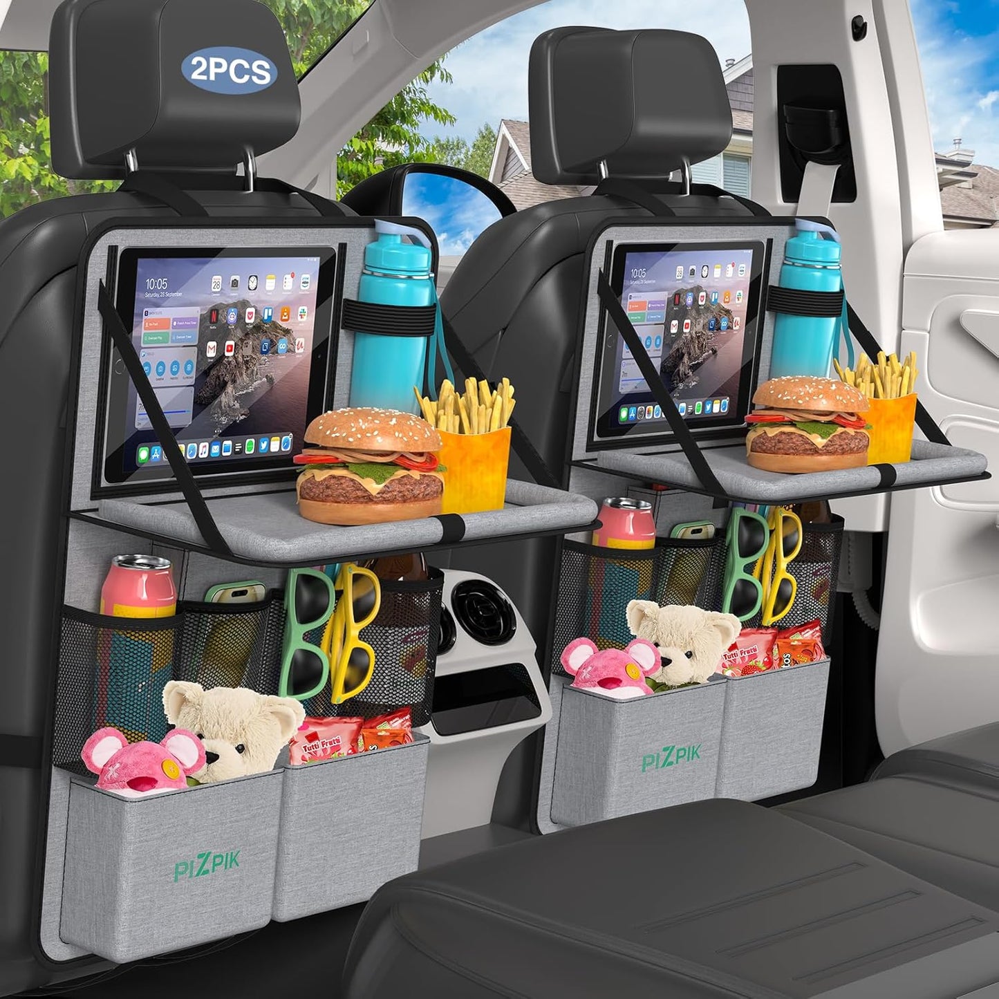 Car Backseat Organizer with Tablet Holder,11 Storage Pockets with Foldable Food Tray, Protector Kick Mats for Kids, Travel Accessories Organizer (Gray, 2Pack)