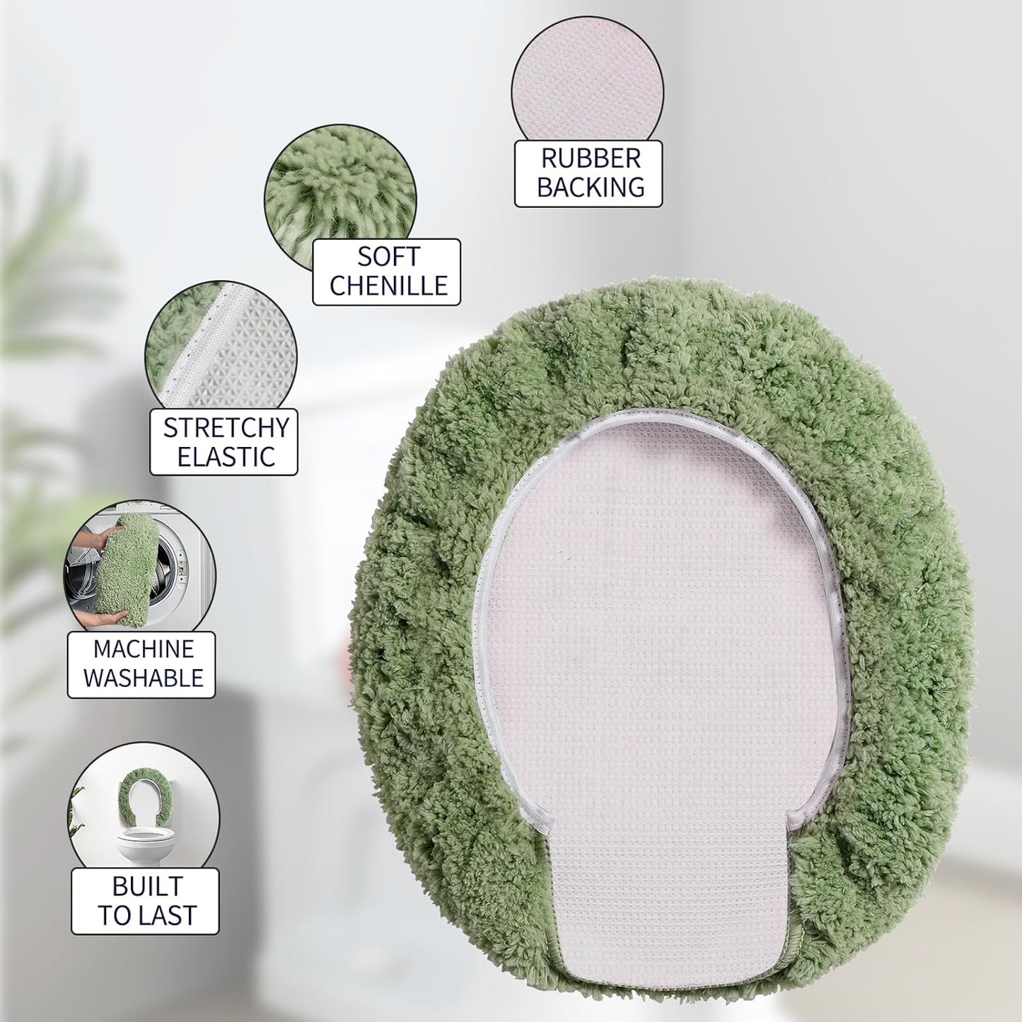Microfiber Elongated Toilet Seat Cover 19.5"x 15" Machine Washable Solid Toilet Lid Cover Adjustable Rubber Backing Fits Most 18-19.5" L x 14-16" W Elongated Toilet Seat