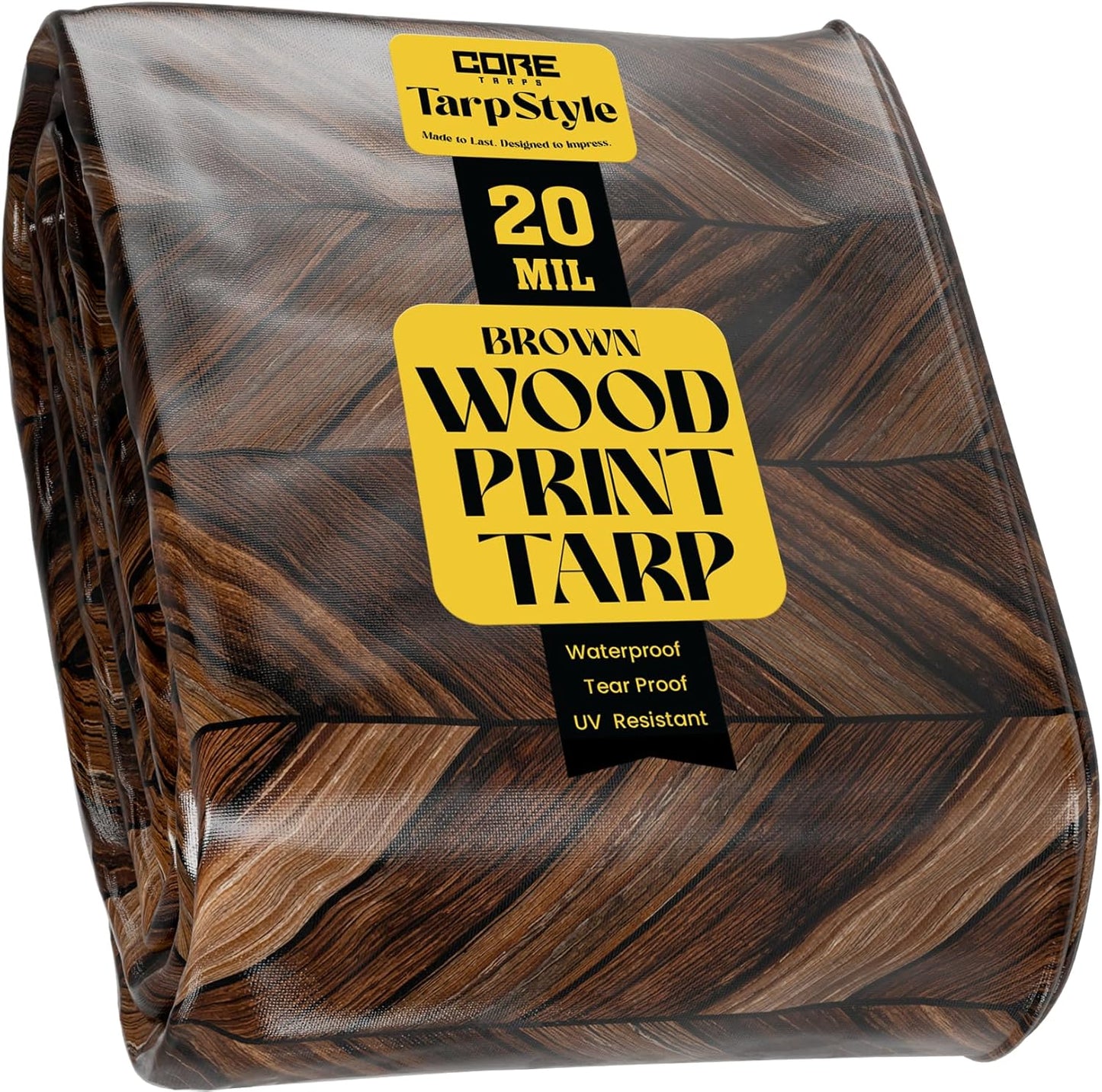 Core Tarps Extreme Heavy Duty 20 Mil Tarp Cover, Waterproof, UV Resistant, Rip and Tear Proof, Poly Tarpaulin with Reinforced Edges for Roof, Camping, Patio, Pool, Boat (Brown Wood/Black 50′ X 50′)