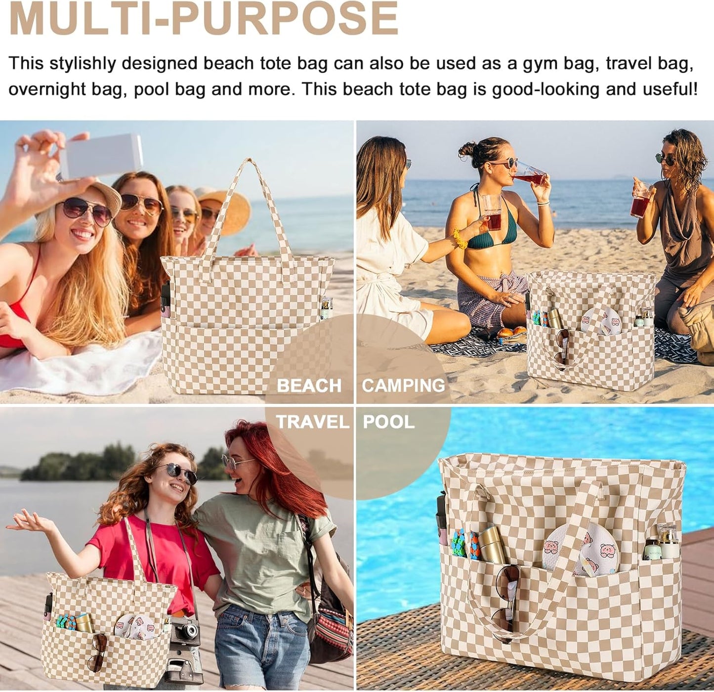 Waterproof Beach Tote Pool Bags for Women Ladies Extra Large Gym Tote Carry On Bag With Wet Compartment for Weekender Travel