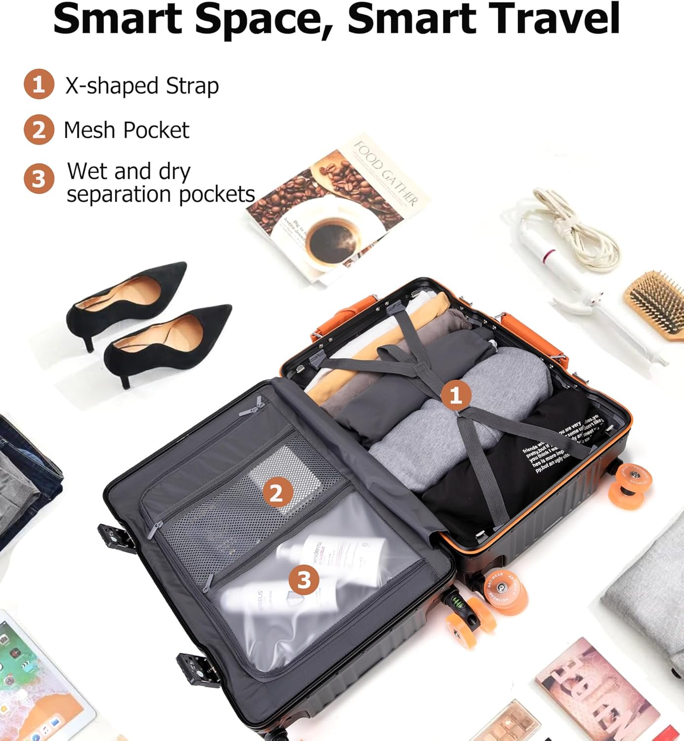 feilario 24in Aluminum Frame Wide Handle Hard Shell Carry On Suitcase - Vivid Colors Double Spinner Wheels Airline Approved Rolling Luggage with TSA Lock & Cup Holder (Silver, 24in)
