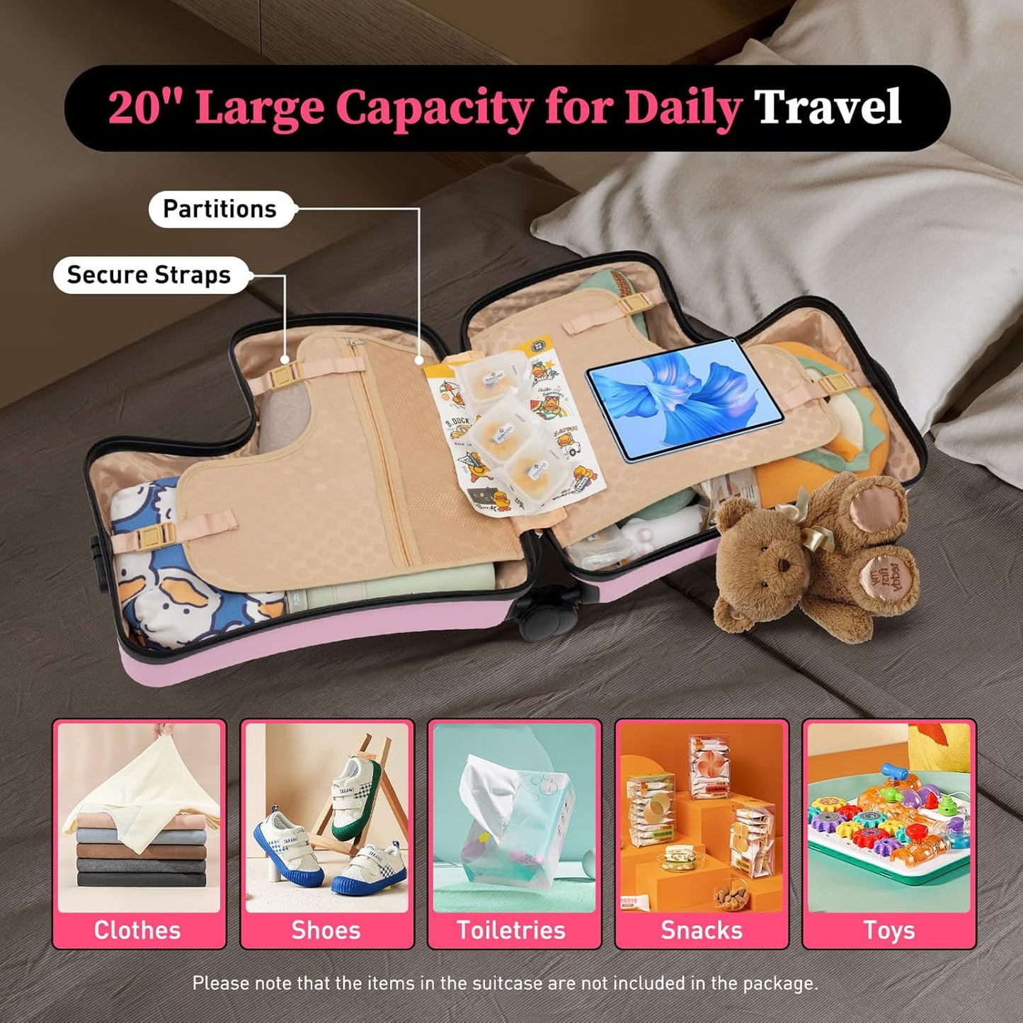 20 Inch Children's Ride On Trolley, Toddler Luggage Seat Ride with Lock, Kid's Ride-on Travel Suitcase with Spinner Wheels, Kids Travel Trolley Riding Luggage Suitcase for Boys Girls Gift, Pink
