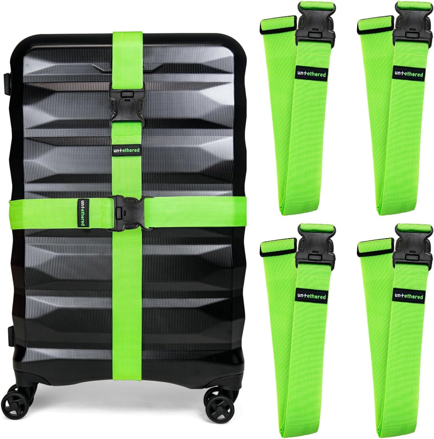 Untethered Luggage Straps | TSA-Approved Suitcase Belts with Heavy-Duty Buckles. Secure Adjustable Travel Accessories for Checked Bags. 4-Pack