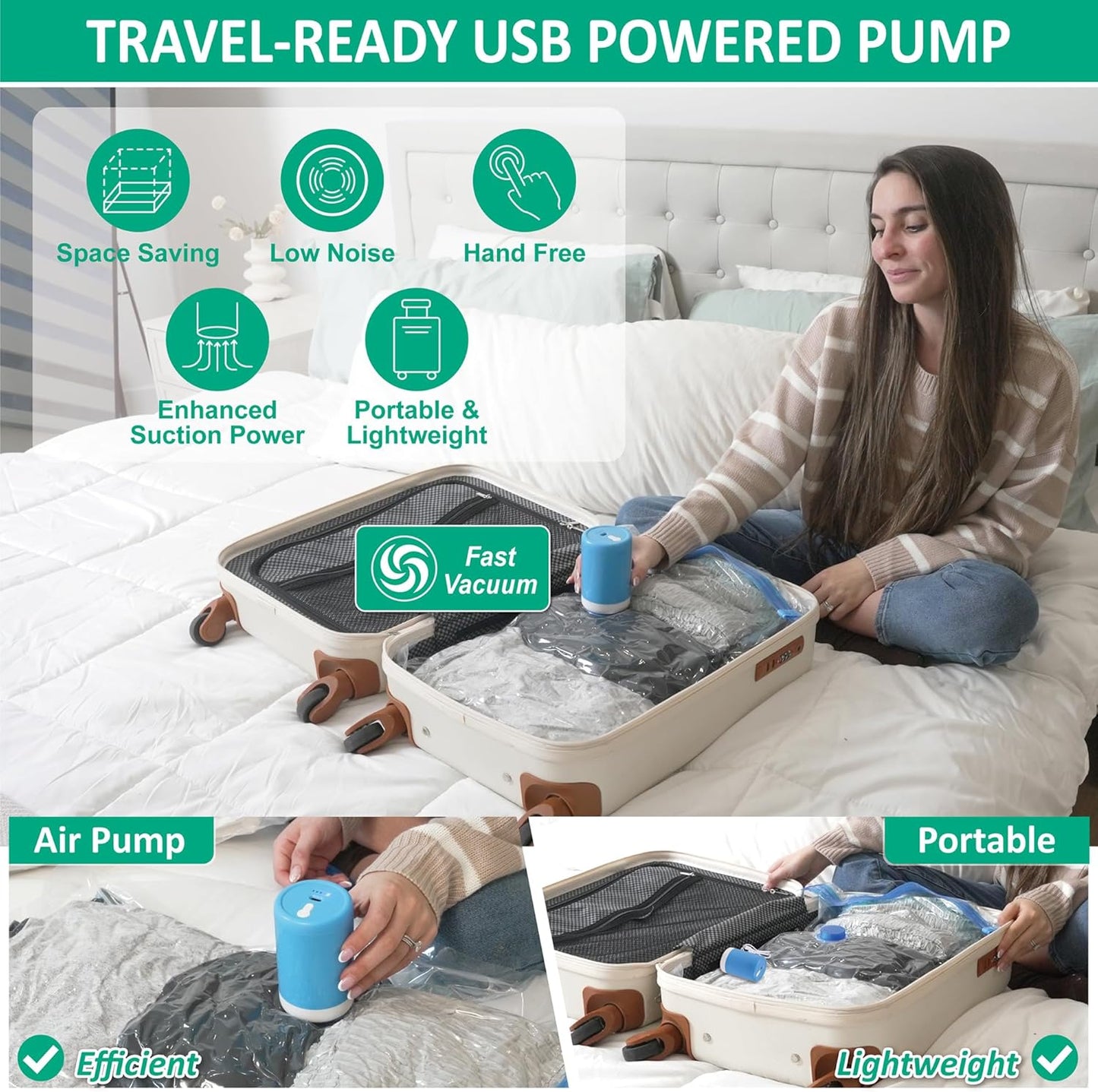 Cozy Essential Travel Vacuum Bags with Electric Pump, 6 Pack Vacuum Travel Bags for Luggage and Suitcase, Vacuum Seal Space Saver Compression for Clothes Clothing