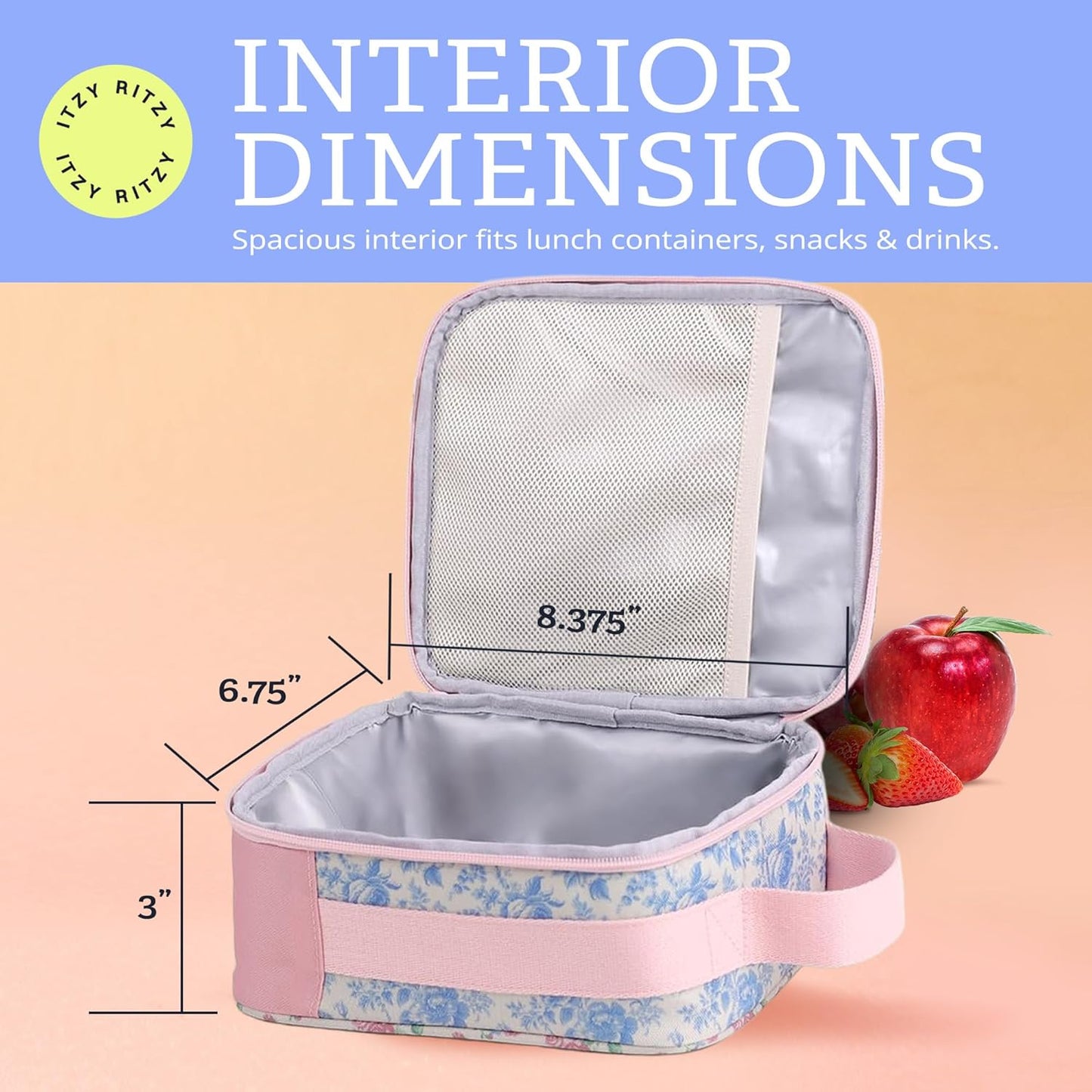 Itzy Ritzy Toddler Lunch Box - Kids Lunch Bag is Insulated and Includes Water Bottle Holder Plus 2 Pockets - Durable, Easy to Clean Lunch Box Toddler Bag (Ribbons & Roses)