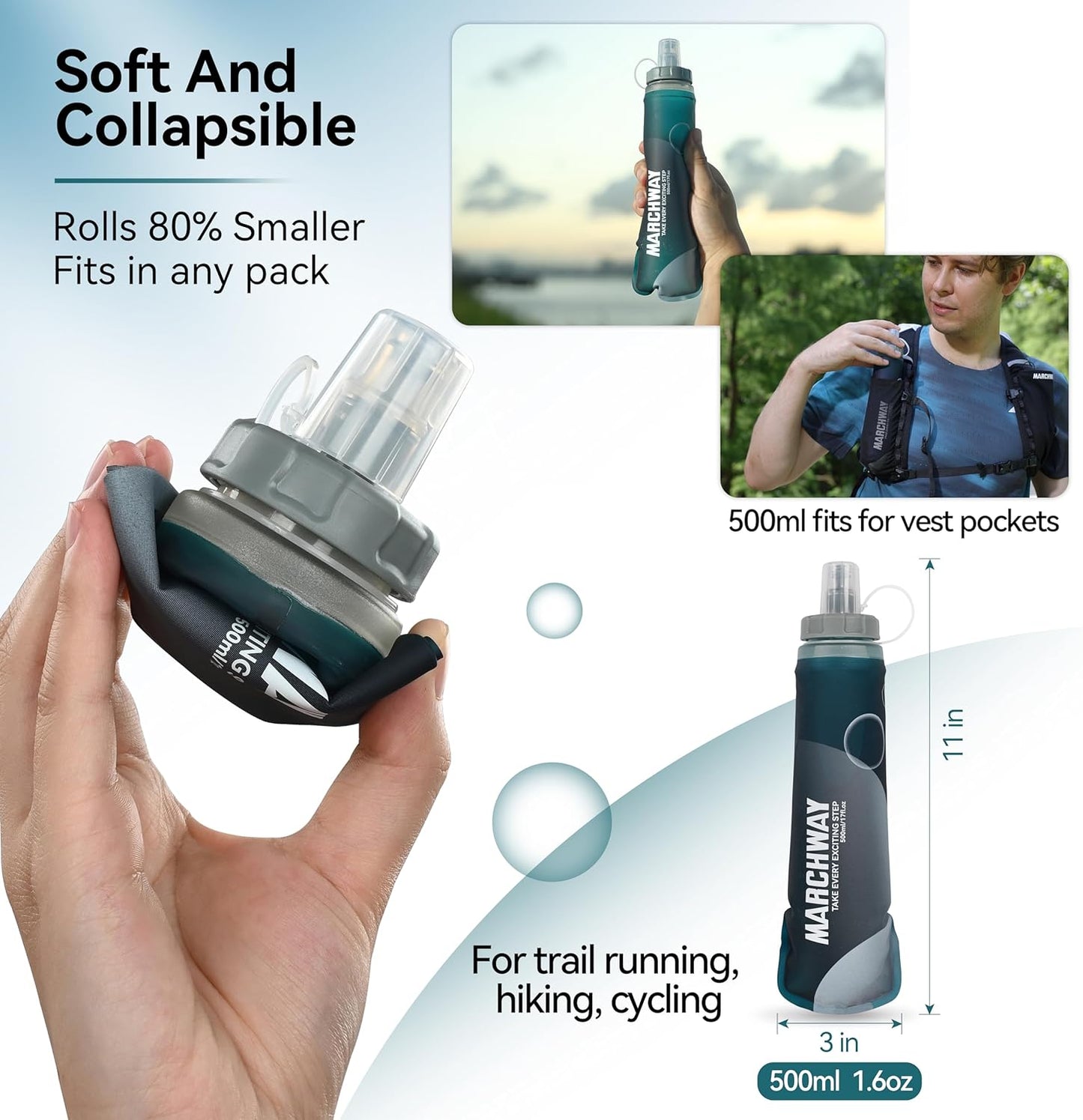 MARCHWAY Soft Hydration Flask with Wide Mouth, 300ml/500ml Collapsible TPU Water Bottle, Leakproof Portable Flexible for Running, Hiking, Cycling, Climbing, Gym, Travel (2pcs Blackish Green 500ml)