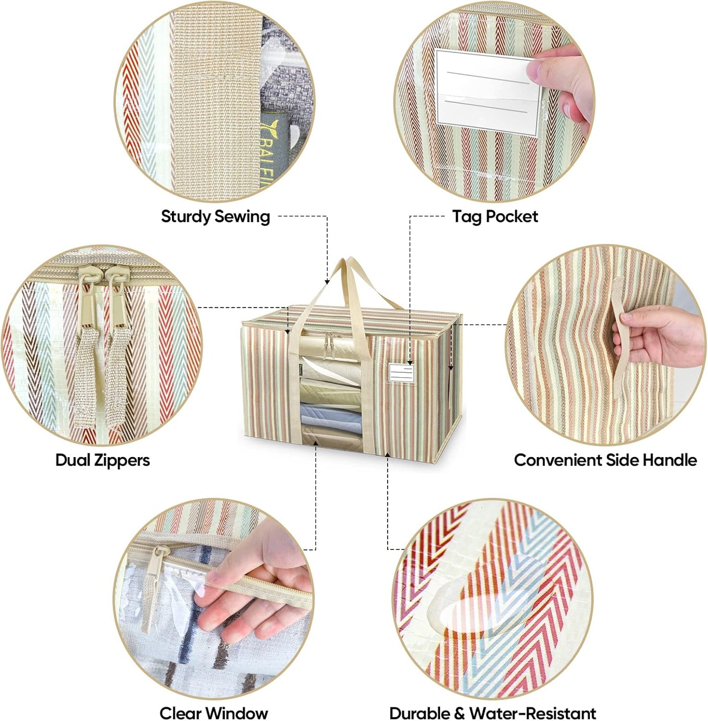 BALEINE 2-Pack Oversized Moving Bags with Reinforced Handles, Heavy-Duty Storage Tote for Clothes, Moving Supplies (Color Stripe with Window, 2-Pack)