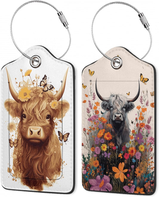 Highland Cow Luggage Tags for Suitcase,Flower Luggage Tags of Set 2 Leather Identifiers Privacy Cover with Stainless Steel Loop for Women Men Travel Bag Suitcase