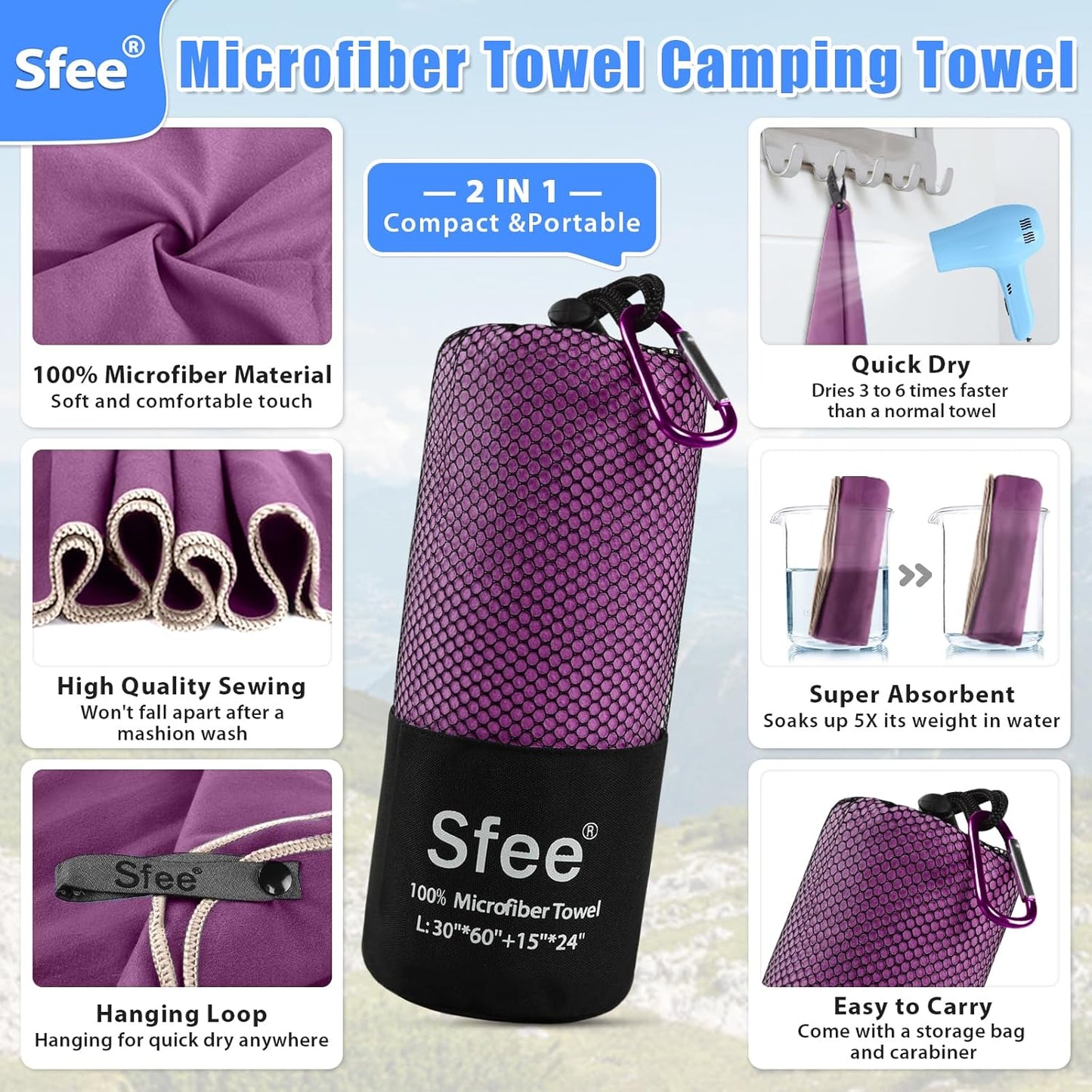 Sfee 2 Pack Microfiber Travel Towel, Quick Dry Towel Camping Beach Towel Super Absorbent Compact Lightweight Sports Gym Towels Set for Beach, Gym, Hiking, Pool, Backpacking, Bath, Yoga