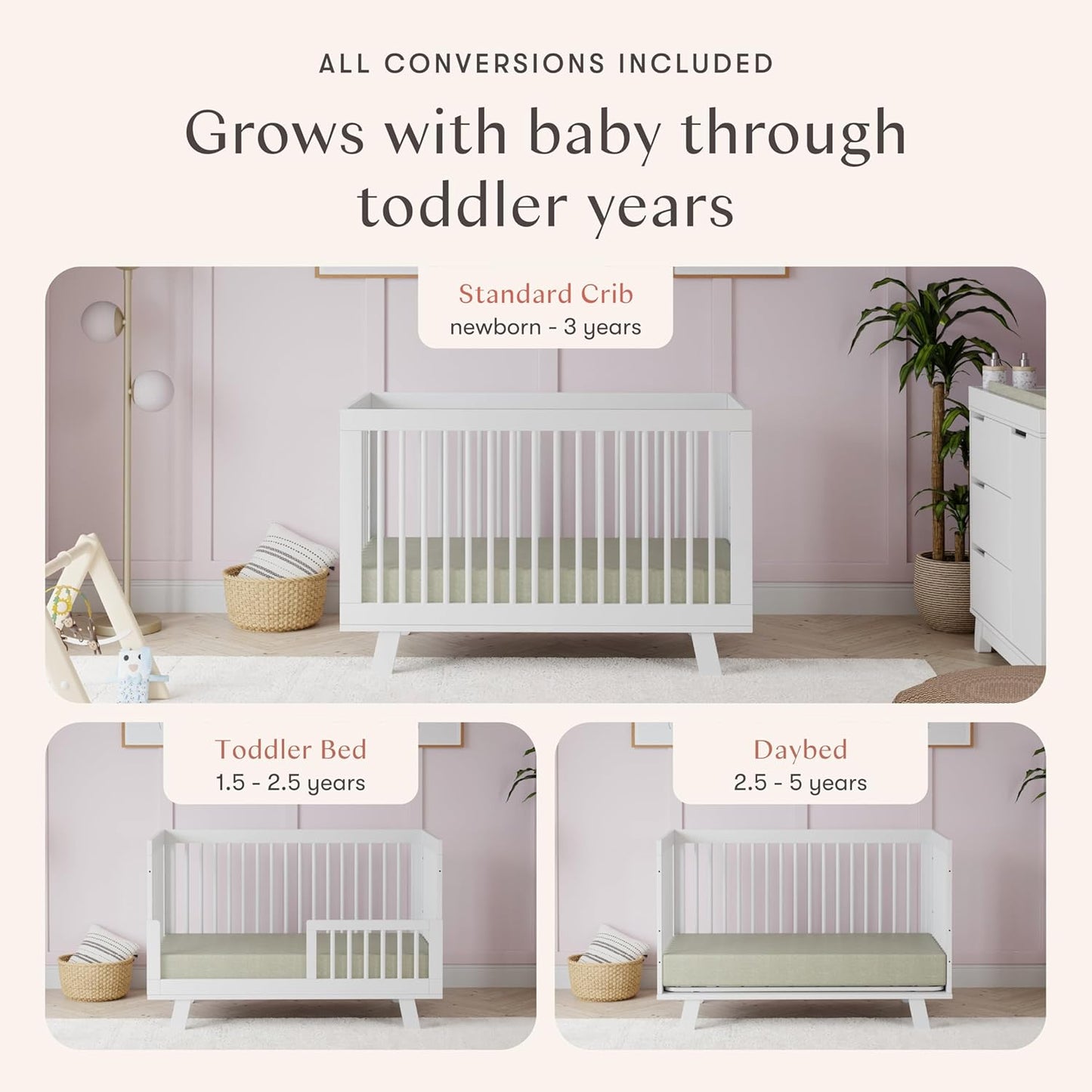 Babyletto Hudson 3-in-1 Convertible Baby Crib with Toddler Bed & Daybed Conversion - Easy to Assemble - GREENGUARD Gold Certified w/ 4 Adjustable Mattress Heights - White