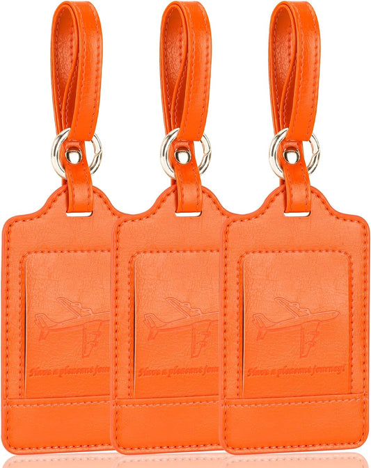 Teskyer Luggage Tags, 3 Pack Premium PU Leather Luggage Tags for Suitcases, Privacy Protection Travel Bag Tags, Orange