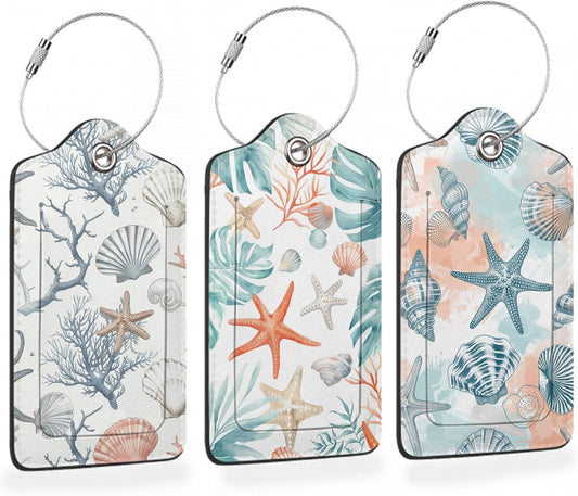 Tropical Seashells Summer 3 Pack Luggage Tags for Suitcases, Vintage Starfish PU Leather Luggage Tag for Travel, Bag Tags with Privacy Name ID Card and Steel Loop for Women Men