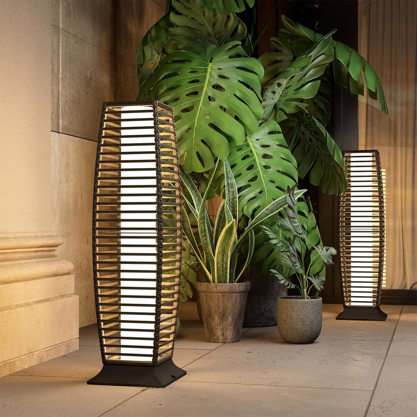 Grand patio Outdoor Floor Lamp Solar Powered Lantern Waterproof Wicker Boho Deck Lights for Garden Porch Decor, Large Crossover