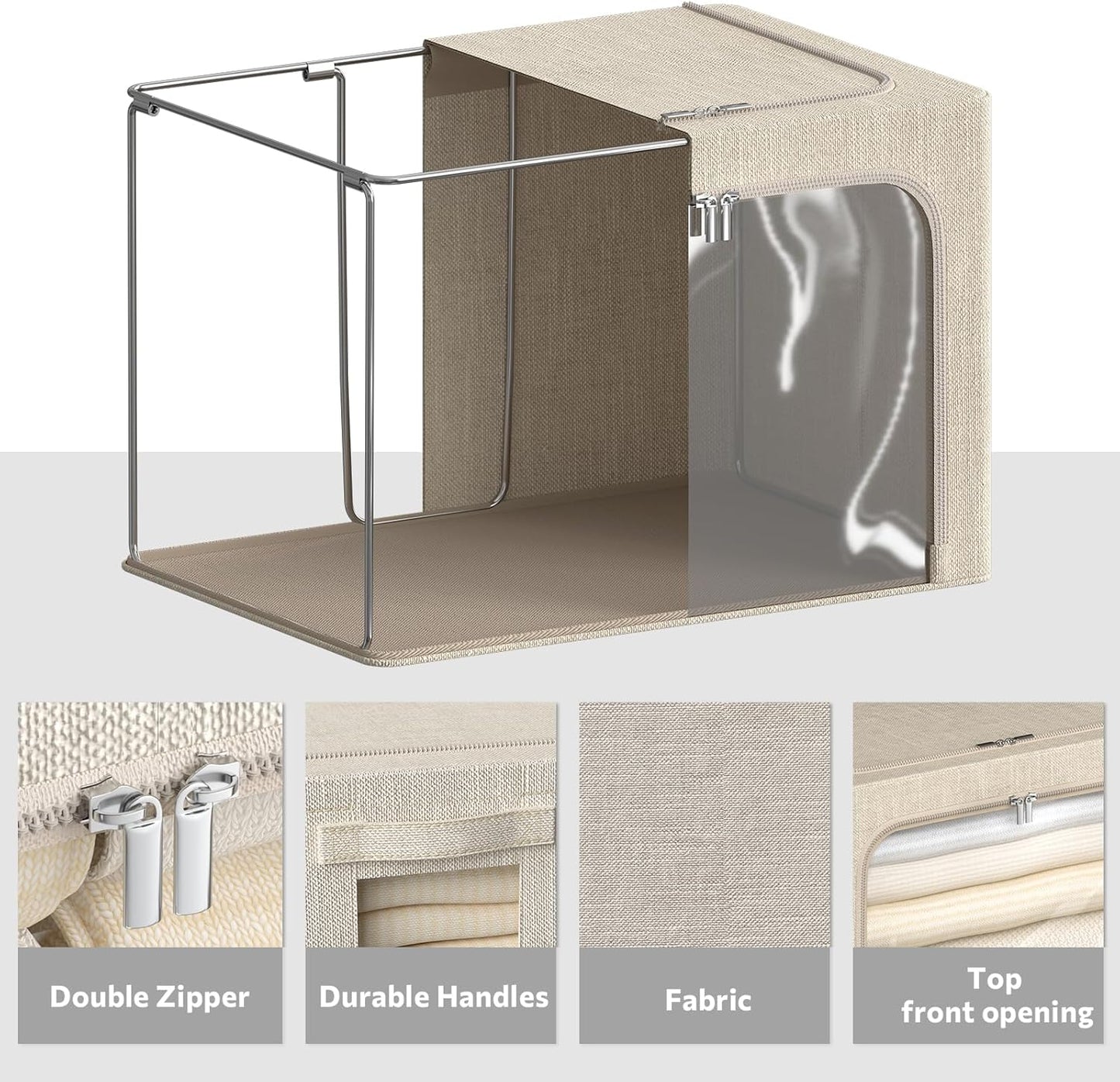 4 Pack Clothes Storage Bins with Metal Frame - Linen Fabric Foldable Stackable Container Organizer Set with Clear Window & Carry Handles & Zippers (Beige, 19.7"x15.7"x13")