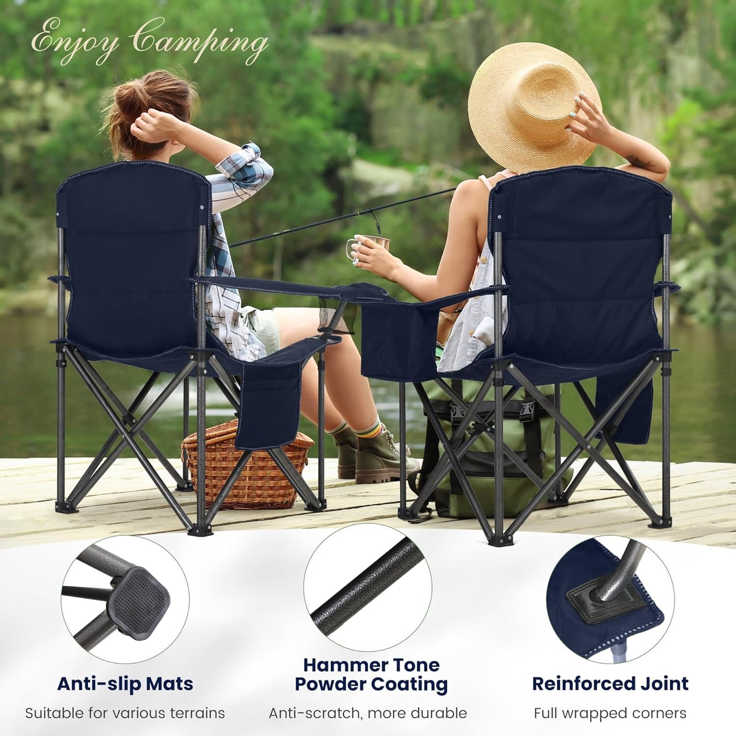 HIGH POINT SPORTS Oversized Camping Folding Chair, Heavy Duty Portable Outdoor Chair, Foldable Camp Chair with Cup Holder and Cooler Bag Support 450 LBS, Dark Blue…