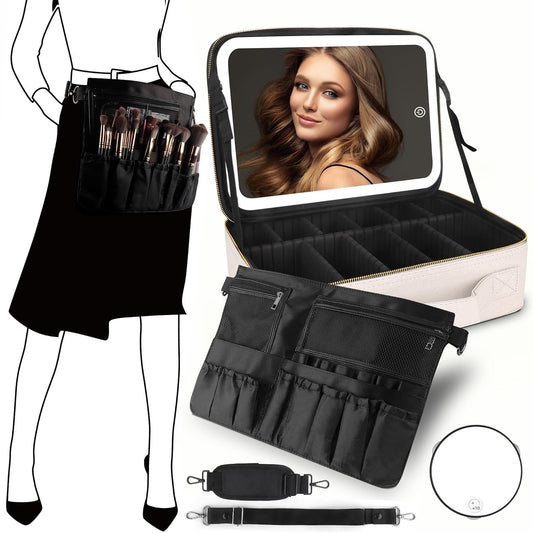 MOMIRA Travel Makeup Bag Cosmetic Bag Makeup Organizer Bag with Lighted Mirror, Adjustable Brightness in 3 Color Scenarios, Waterproof Makeup Train Case, Gift for Women - Khaki (Large)