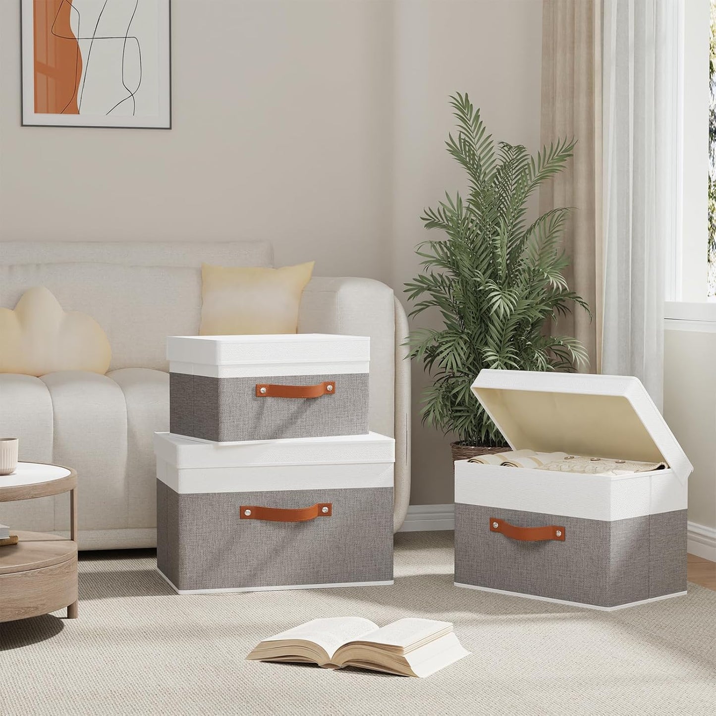 Fabric Storage Boxes with Lids, Linen Foldable Cloth Baskets, Closet Organizer Containers with Double Handles, Sweater Bins for Bedroom, White and Grey, 3 Pack, 13 x 9.1 x 7.9 Inch