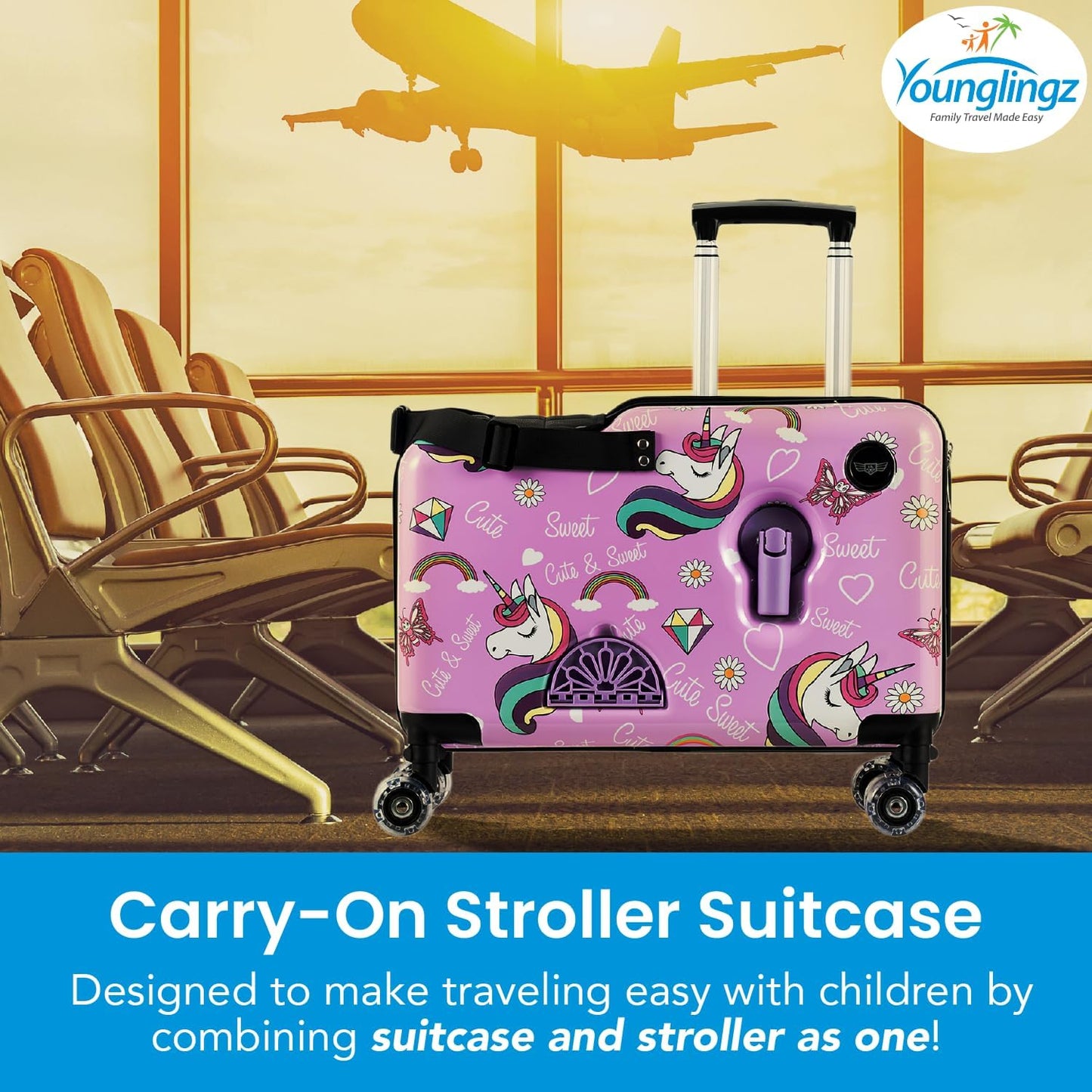 Younglingz LIL FLYER GO Version 2 Ride On Suitcase for Kids | Carry On Luggage with Toddler Seat, Foldable Handlebars, Pedals, and Removable Wheels | Holds up to 80 lbs | Glam | Ages 2-6