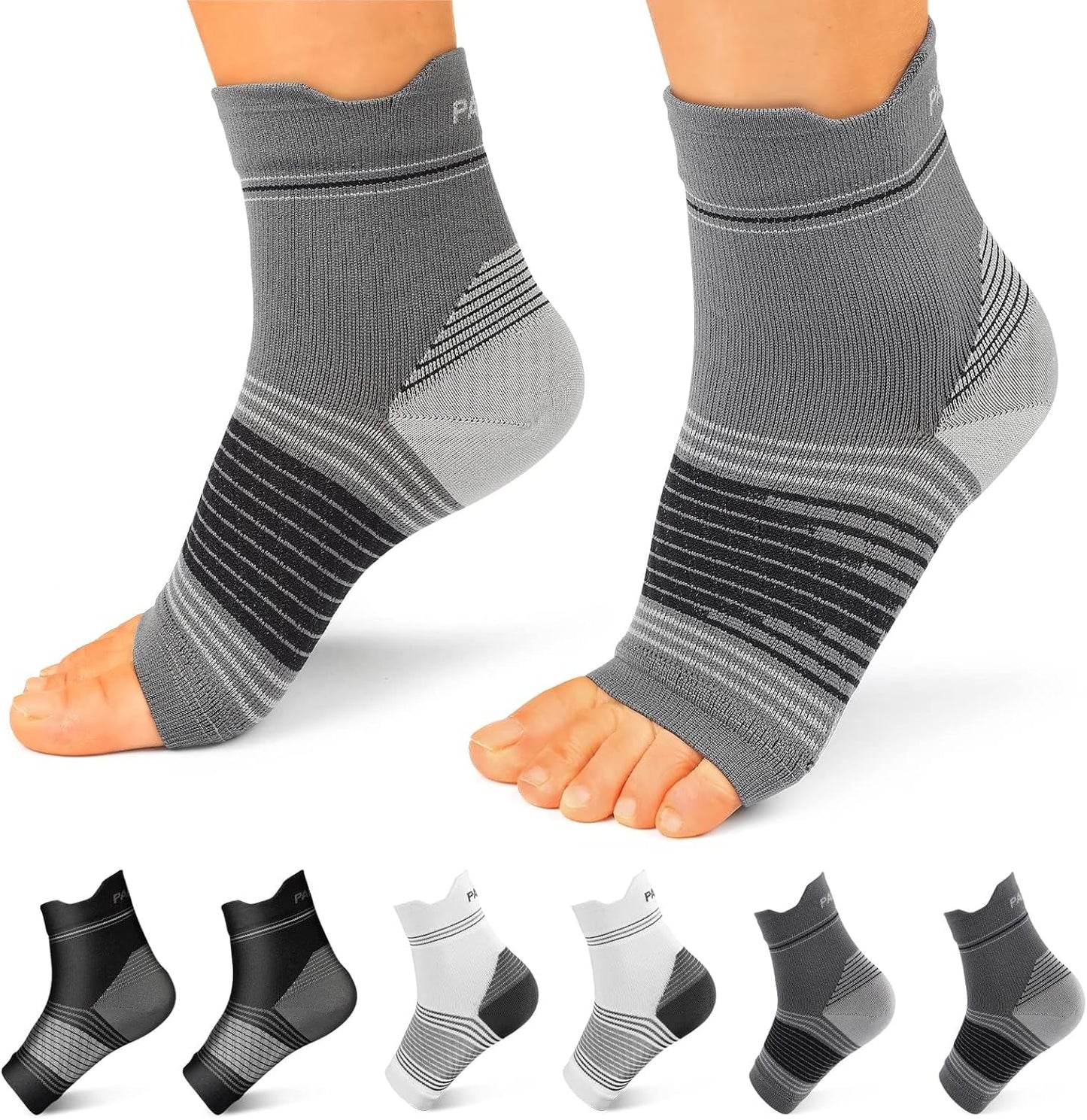 Plantar Fasciitis Sock (6 Pairs) for Men and Women, Compression Foot Sleeves with Arch and Ankle Support (Black, Gray, White, Small)