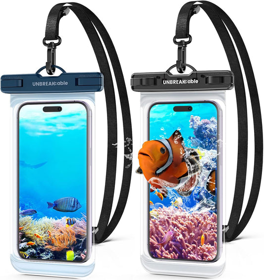 UNBREAKcable Waterproof Phone Pouch-2 Pack IPX8 Waterproof Phone Case for iPhone 16 15 14 13 12 11 Pro Max & Samsung S25 S24-Dry Bag & Travel Essentials for Beach, Pool, Kayak & Cruise-7" Black+Blue