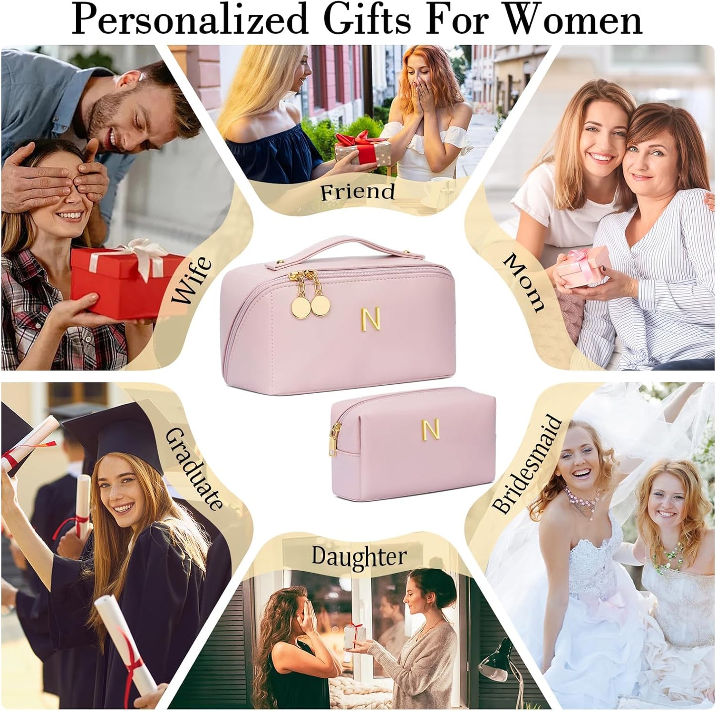 Birthday Gifts for Women Teen Girl, Personalized Initial Makeup Organizer Bag Set, Open Flat Travel Cosmetic Bag With Clear Divider and Handle(Pink,N)