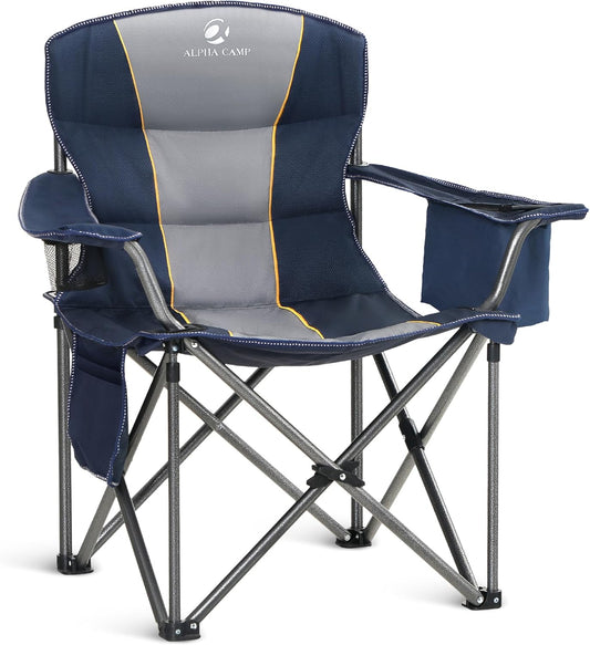 ALPHA CAMP Oversized Camping Chair Heavy Duty Lawn Chair with Cooler Bag Support 450 LBS Steel Frame Collapsible Padded Arm Quad Lumbar Back Folding Chair for Lawn Outdoor