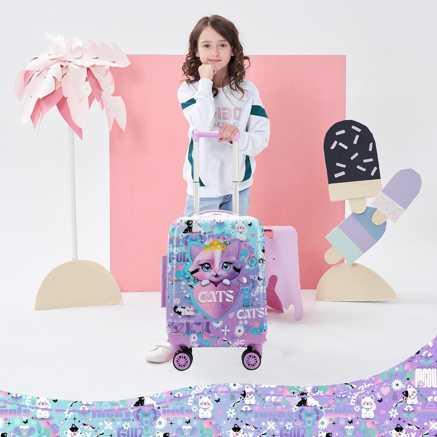 Kid’s Luggage Set 5 Piece Suitcase Set 16’’ Hardside Luggage with Spinner Wheels Girls Carry on Toddler Travel Rolling Suitcase Carry on Luggage Airline Approved