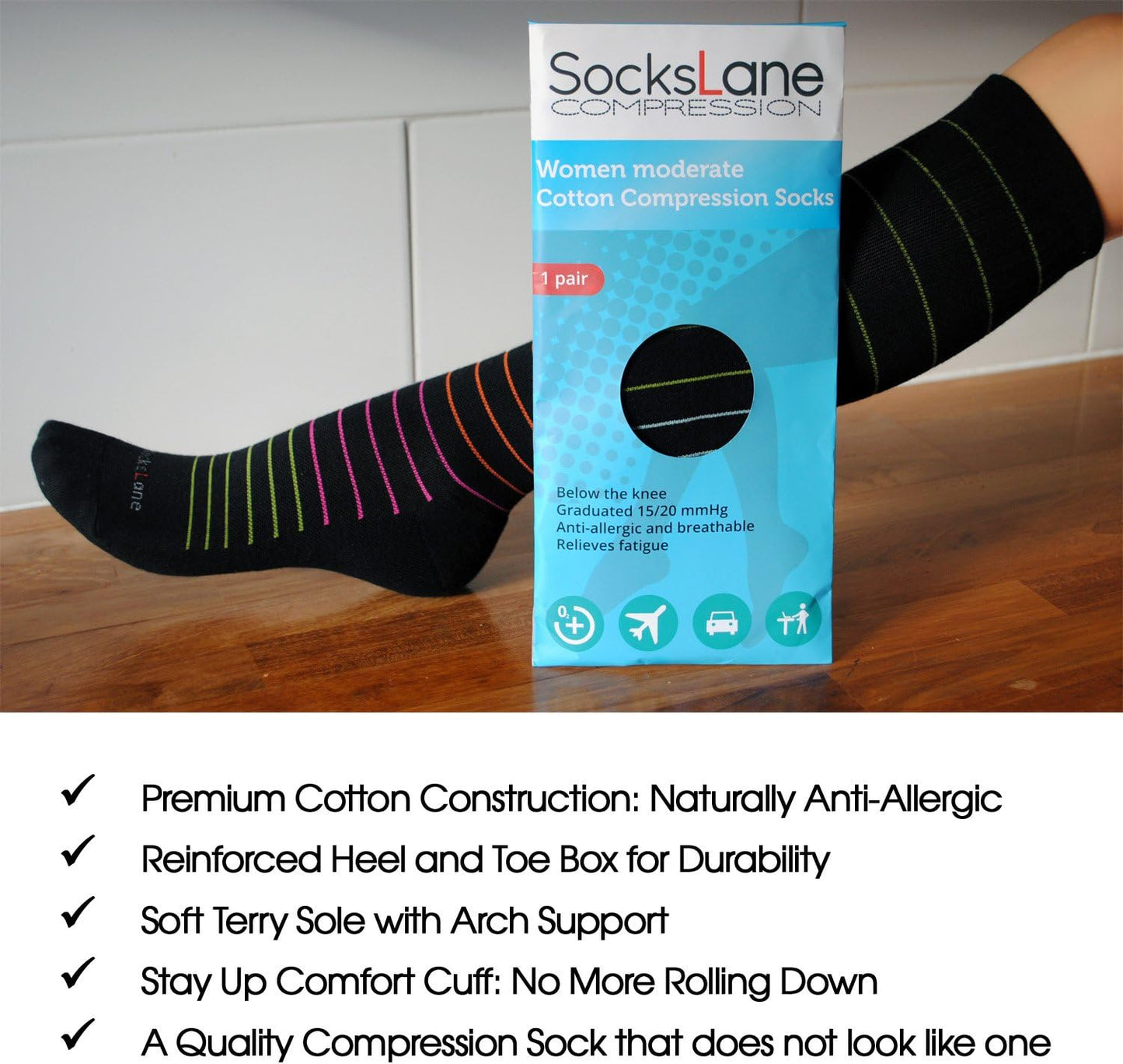 Cotton Compression Socks for Women & Men. 15-20 mmHg Support Knee-High Solid White M/L