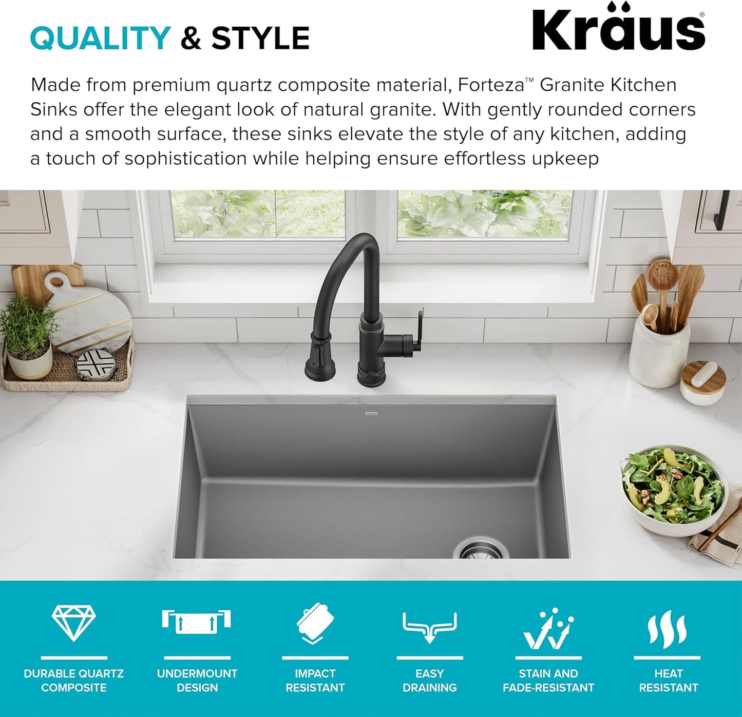 KRAUS Forteza 32-inch Undermount Single Bowl Granite Kitchen Sink in Grey, KGU-55GREY