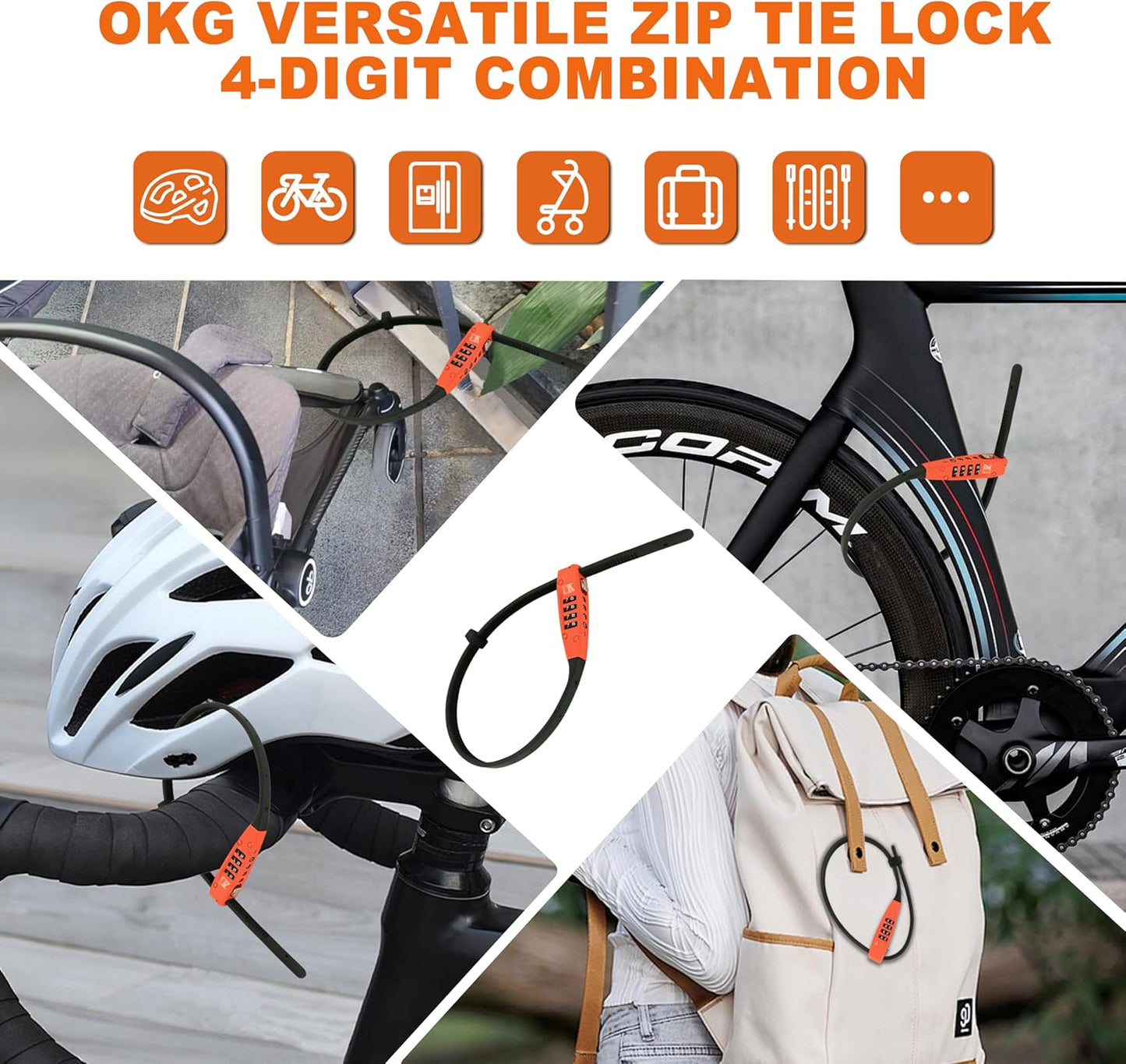 OKG 4-Digit Combination Zip Tie Lock - Anti-Scratch Stainless Steel Cable Bike Lock with Resettable Code, Secure Helmets, Skis, Prams, Luggage, Cabinet, French Doors, and More (Orange)