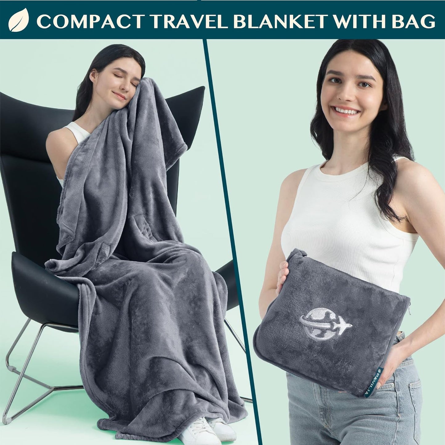 PAVILIA Travel Blanket and Pillow, Arms Opening Airplane Blankets for Adults, Compact Plane Blanket with Arm Hole 2-in-1 Bag for Flight Car Camping Fit in Luggage Backpack Traveler Gift, Dark Gray