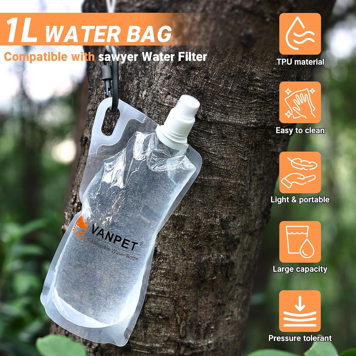 1L Hiking Collapsible Water Bottles, 33OZ BPA-Free Plastic Flasks, Reusable Drink Bags, Foldable Backpacking Water Bottle for Travel Camping Hiking (2-Pack)