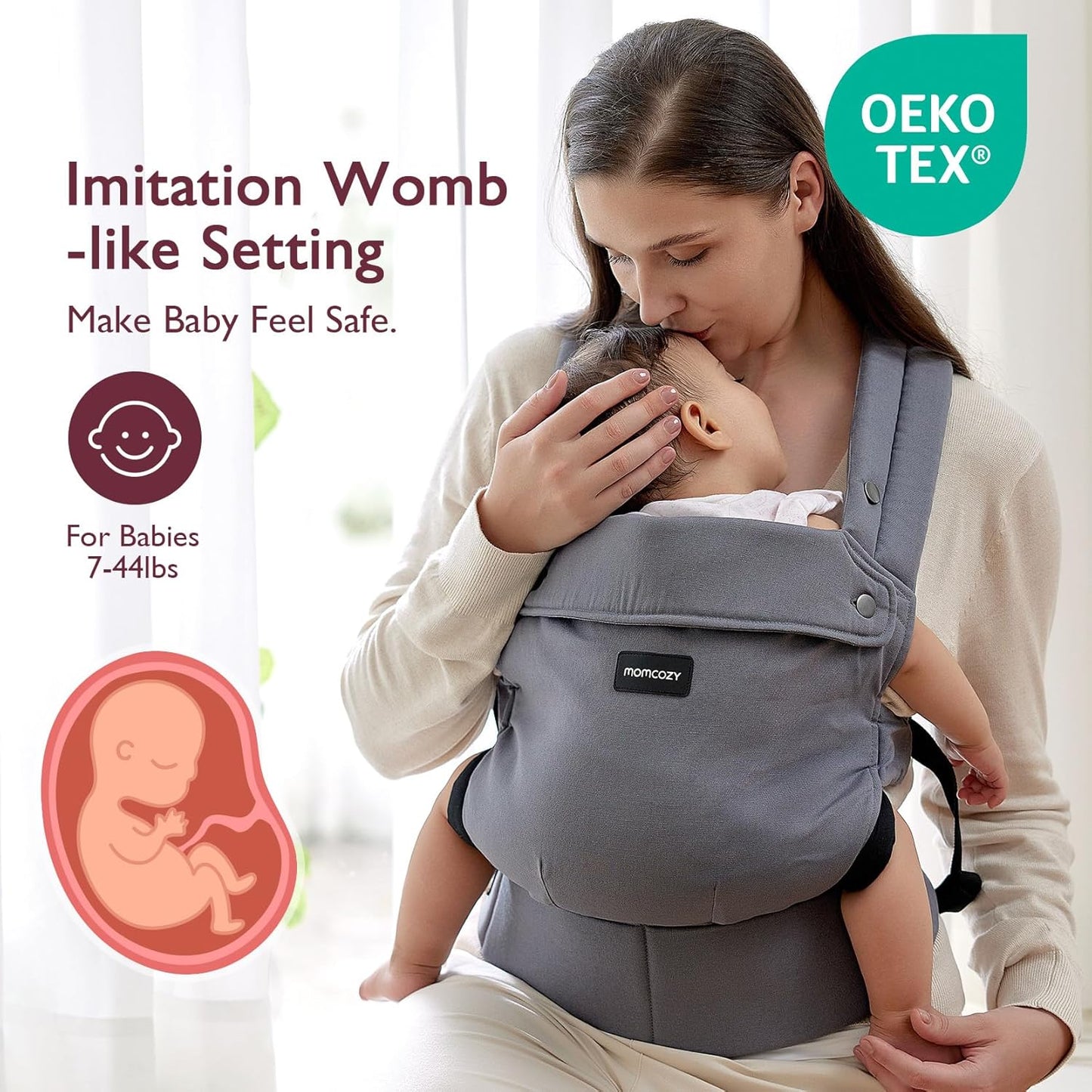 Momcozy Baby Carrier - Ergonomic, Cozy and Lightweight Carrier for 7-44lbs, Effortless to Put On, Ideal for Hands-Free Parenting, Enhanced Lumbar Support, Purehug for Infant to Toddler, Grey