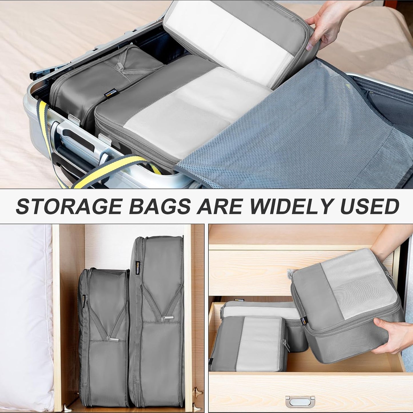 4 Set Compression Packing Cubes for Travel, Suitcases and Backpack Space Saving Organizers (Silver)