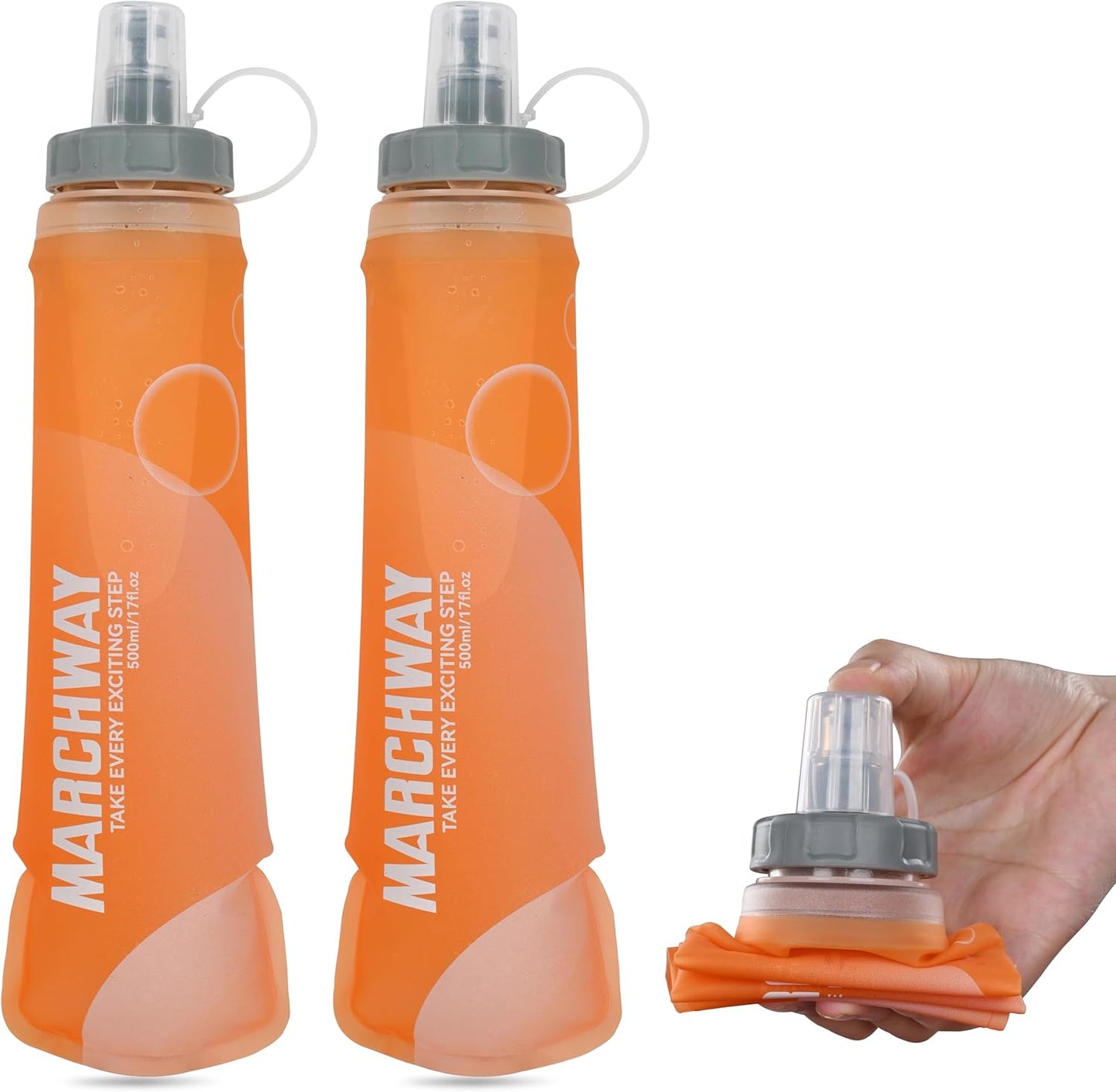 MARCHWAY Soft Hydration Flask with Wide Mouth, 300ml/500ml Collapsible TPU Water Bottle, Leakproof Portable Flexible for Running, Hiking, Cycling, Climbing, Gym, Travel (2pcs Orange 300ml)